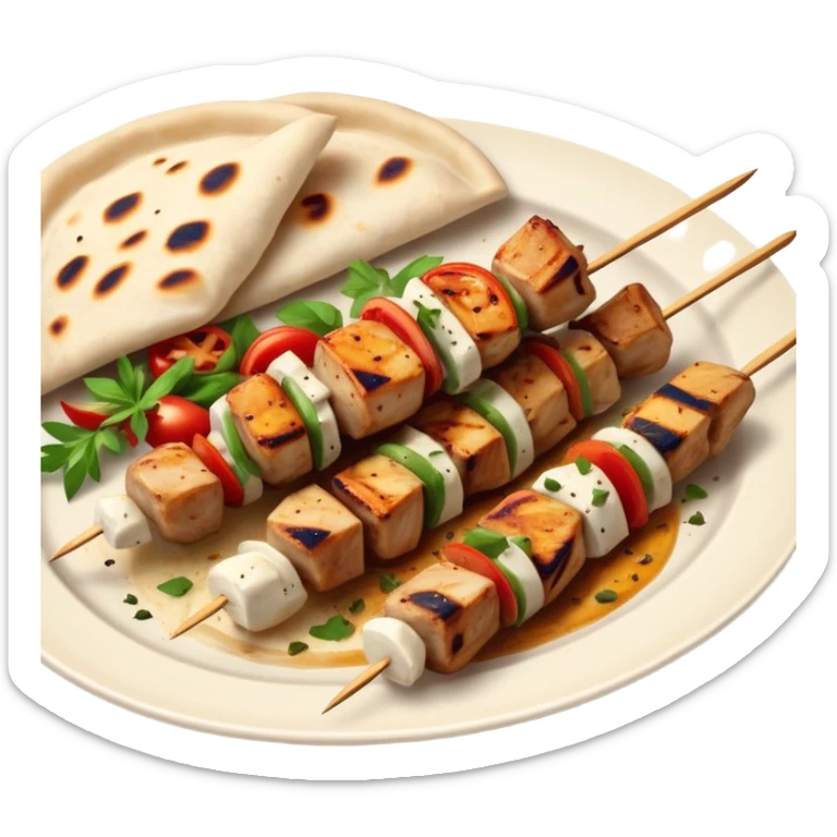 cinematic-realistic-souvlaki-dish-emoji,-showcasing-skewered,-grilled-chicken-with-mediterranean-spices-rendered-with-dynamic-textures-and-warm,-appetizing-lighting on pita bread on a plate sticker