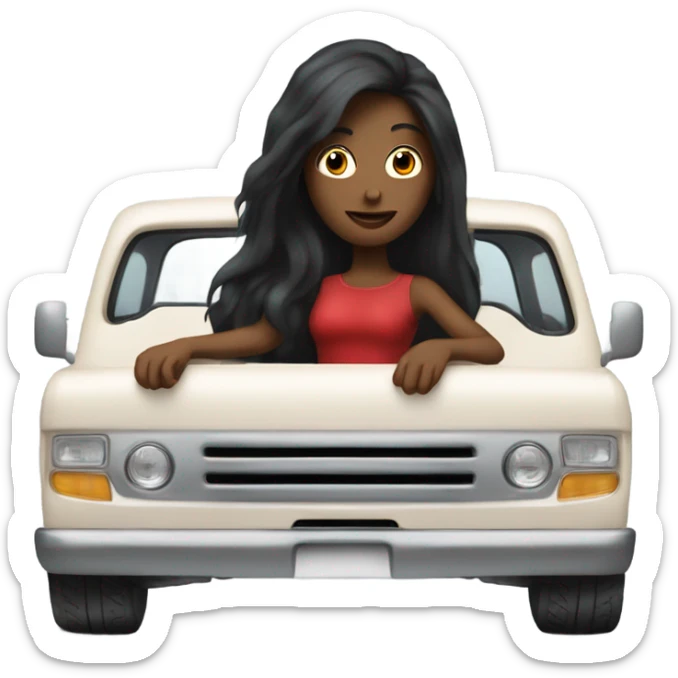 A white lady with long black hair, driving an older red pick up truck sticker