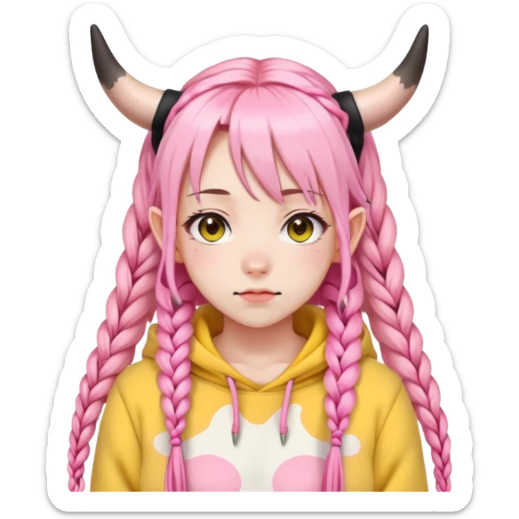 En anime-jente med rosa lange fletter, ku-horn og ku-ører, sort BH-topp over en gul crop-fleece-genser sticker