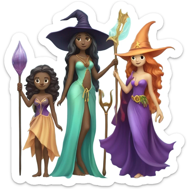 A group of 5 friends, consisting of a female witch, a female wizard, a male merman, a female fairy, and a female siren sticker