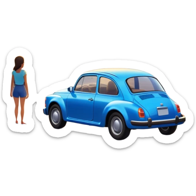 A parked blue car sits quietly on the side of an open road, facing a breathtaking sunset. Two people stand outside, backs turned, watching the horizon. The road stretches endlessly ahead, surrounded by a peaceful, glowing landscape full of light, warmth, and possibilit sticker