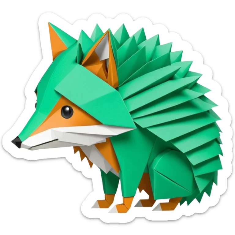 origami half fox half hedgehog in color green mint rgb(168, 251, 211)  #A8FBD3, include the tail of the fox it should not look like a disguise but all one piece sticker