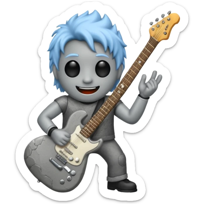 a rock with a happy face that is holding up a rock and roll hand and an electric guitar sticker