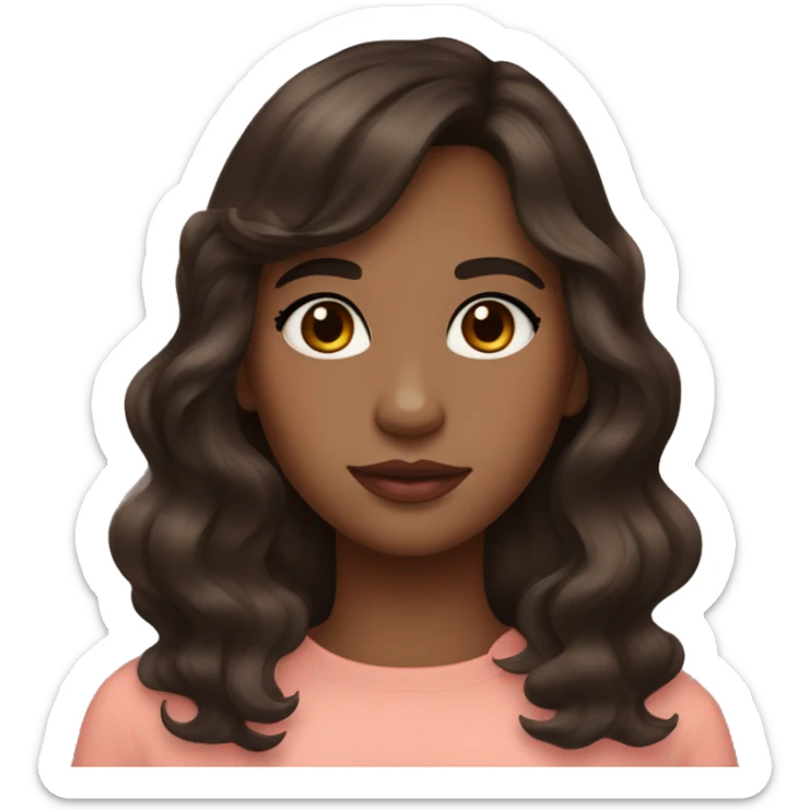 Pretty girl with slightly wavy dark brown hair, curtain bangs, brown eyes, slight blush, and coral-pink lipstick  sticker