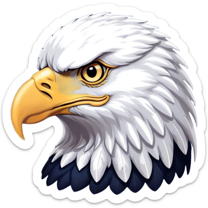 Cinematic Noble American Eagle Portrait Emoji, Poised and regal, with a powerful, broad build, a distinctive white-headed silhouette contrasting a dark, formidable body, and piercing, intense eyes, Simplified yet sharp and sophisticated features, highly detailed, glowing with a soft, majestic radiance, high shine, intelligent and commanding, stylized with an air of national pride, focused and vigilant, soft glowing outline, capturing the essence of a watchful and confident American eagle that appears ready to soar out of the screen with effortless authority! sticker