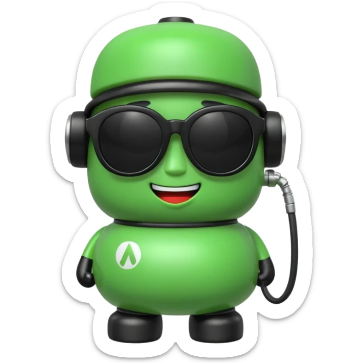 A cute 3D icon of a green gas pump character wearing oversized black sunglasses. Round and chubby proportions, glossy toy-like texture, soft pastel lighting, friendly expression, smooth edges, high-quality render, isolated on a transparent background. sticker