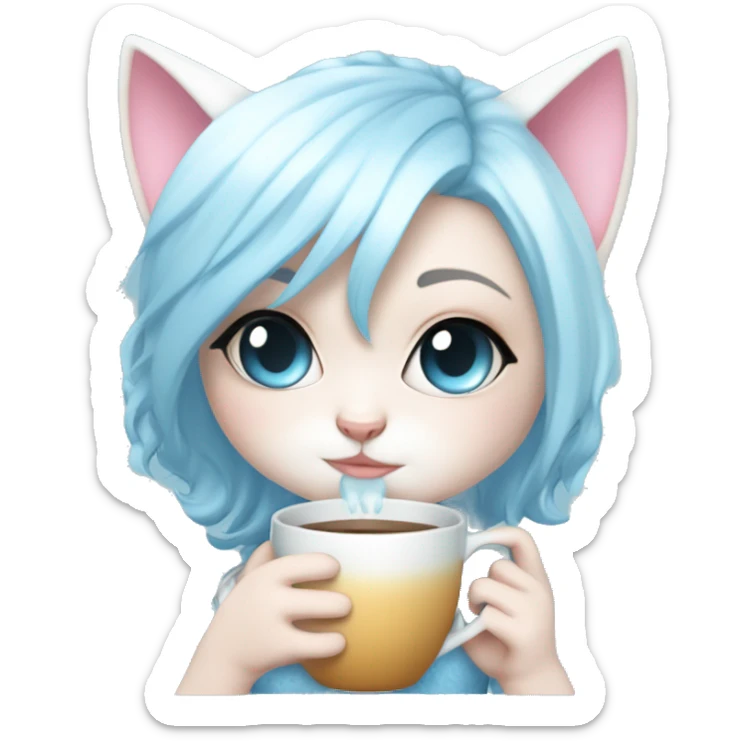 CHIBI WHITE SKIN CAT BABY BLUE AND BABY PINK SHOR HAIR GIRL WITH ONE EYE BLUE AND THE OTHER WHITE. ALSO SHE IS SIPPING A CUP sticker