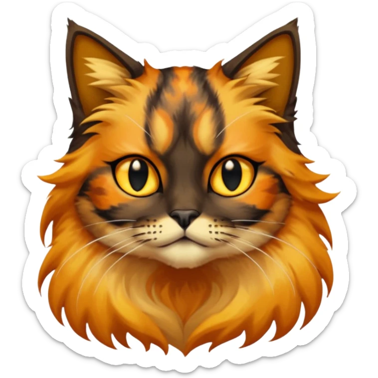 long hair tortoiseshell cat with a black face and yellow lightning mark above nose sticker