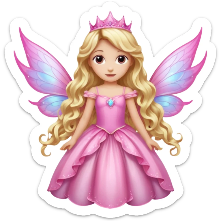 Detailed long pink princess dress, long blonde wavy hair, pink fairy wings sticker