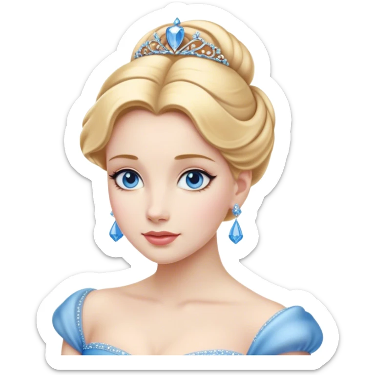 Cinematic Realistic Noble Cinderella Portrait, depicted with porcelain skin rendered in lifelike detail and soft, natural lighting that highlights every delicate nuance. Her intricately styled golden-blonde hair is arranged in an elegant updo, and her deep, expressive blue eyes radiate quiet determination. She wears her classic ball gown with rich fabric textures and delicate folds catching the light beautifully, all set against a subtly glowing, natural background that captures the essence of timeless royal grace. sticker