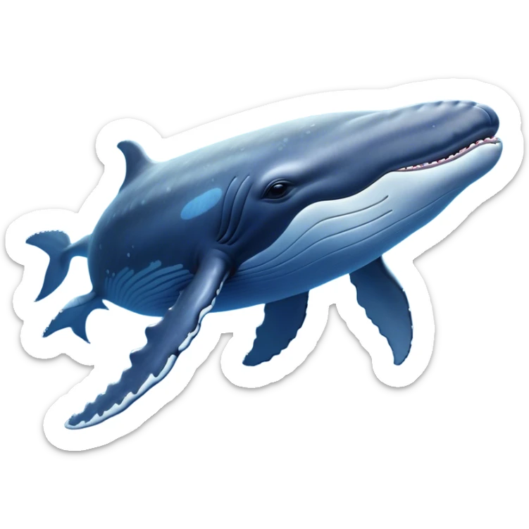 Cinematic Noble Humpback Whale Portrait Emoji, Poised and grand, with an enormous, barnacle-speckled blue-gray body, soulful, wise eyes, and a deeply serene presence, Simplified yet sharp and sophisticated features, highly detailed, glowing with a soft oceanic radiance, high shine, intelligent and powerful, stylized with an air of deep-sea mystery, focused and regal, soft glowing outline, capturing the essence of a legendary giant of the ocean that appears ready to glide majestically through the waves with effortless grace! sticker