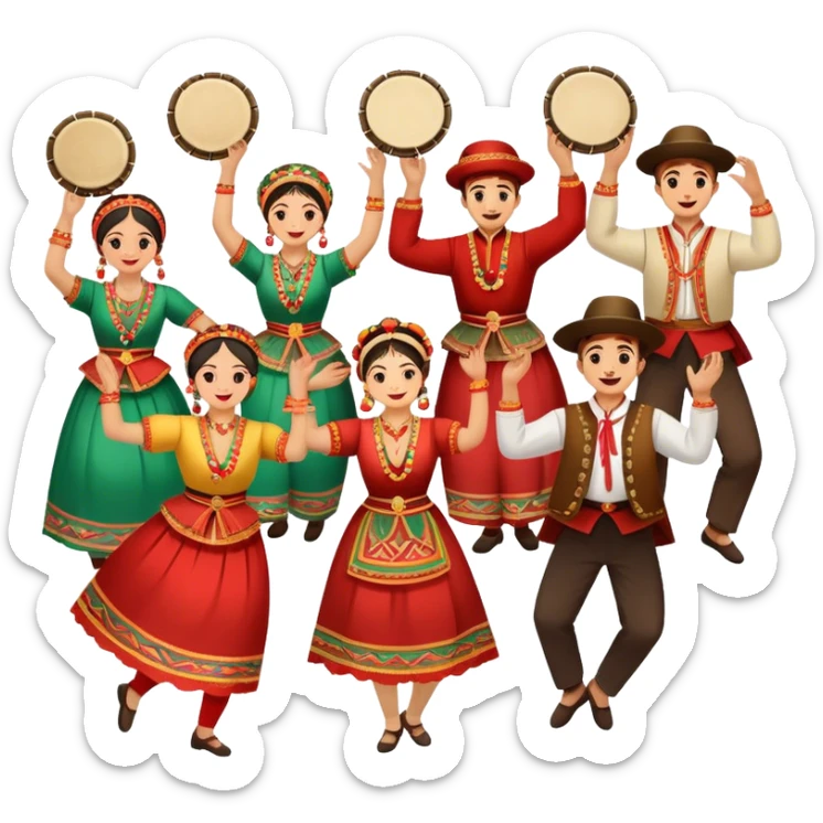 Icon for Folk Dance: a group of men and women performing a national dance in vibrant traditional costumes, with some holding castanets and tambourines. The icon should capture the festive and cultural energy of folk dance. Transparent background. sticker