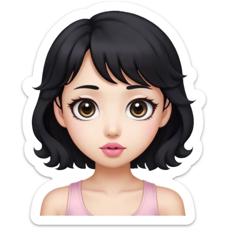 Black hair with a little brunette/ white tank top/asian but a little bit look like foreigner/ big eyes/ with blush/ small face/ pink lip/ long curly hair/ French bang/ sticker