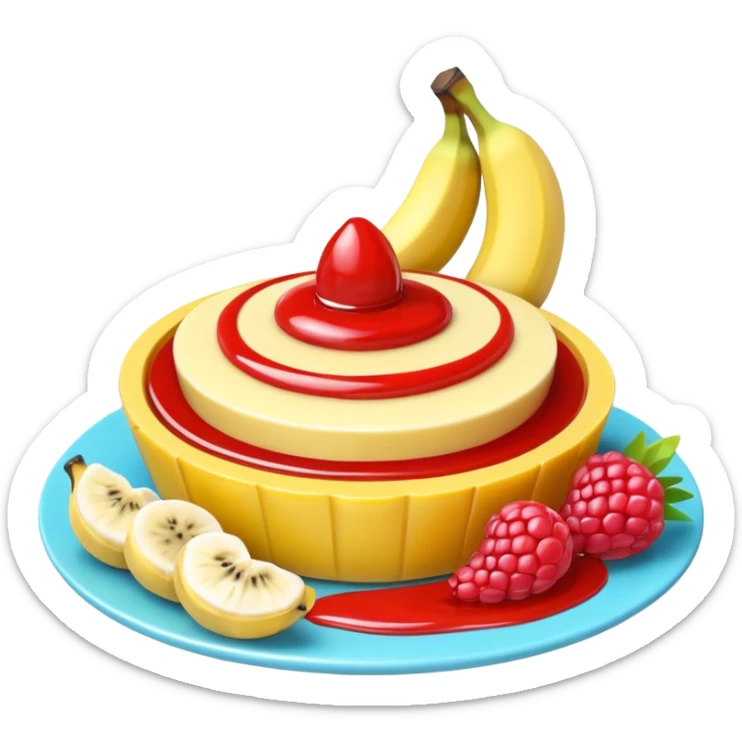 tart with sweet sous and fruit with banana  food in 3d style no faces sticker