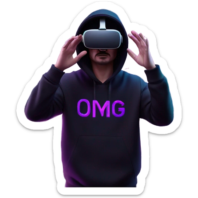 Russian man wearing a black hoodie with "OMG" letters on it and VR headset oculus quest 2 in a cyberpunk VR environment with violet neon lighting. Showing direction with hand sticker