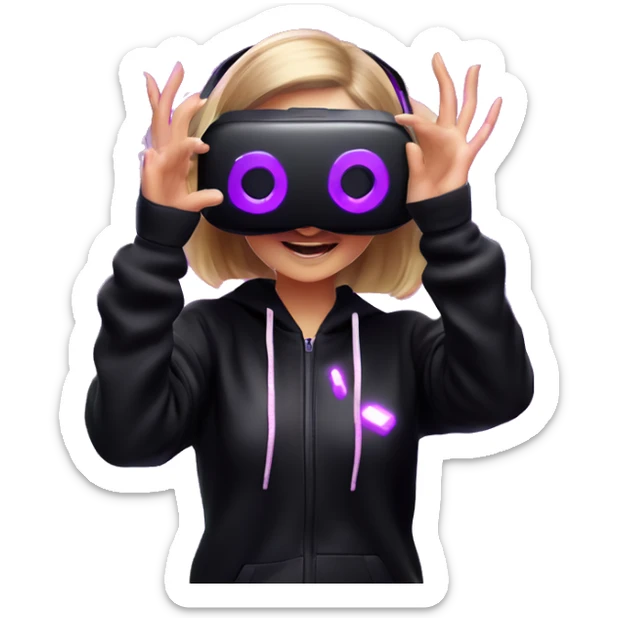Russian girl wearing black hoody with violet letters "OMG", in vr headset oculus quest2. Dancing. Cyberpunk style. Violet neon. sticker