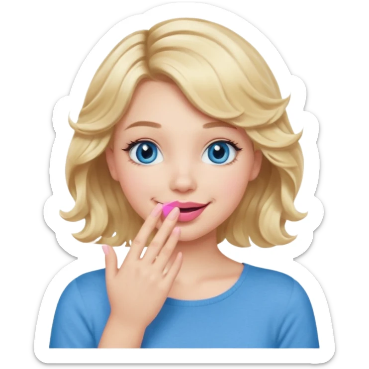 Girl Blonde short wavy hair,  blue eyes, cute blue top, long lashes, pink lips, smiling, hand covering the mouth sticker