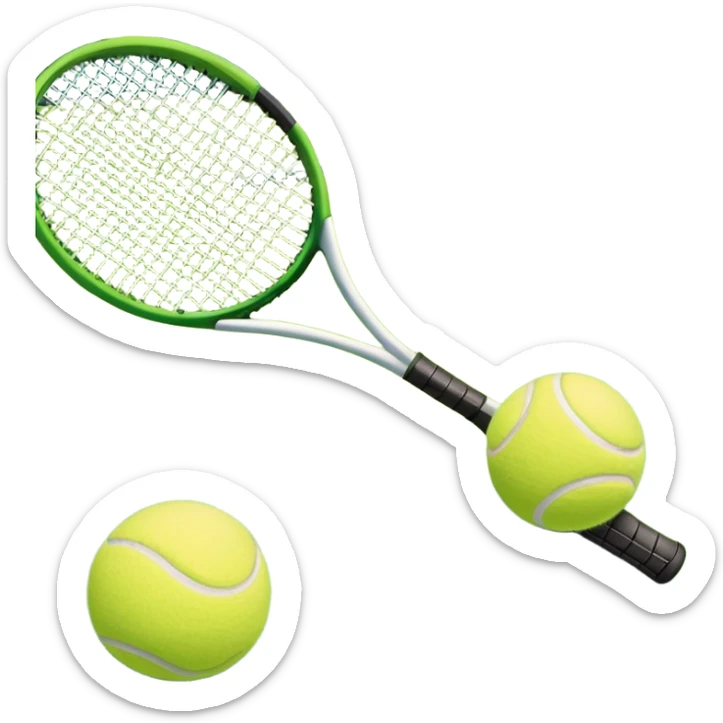 A tennis racket and a ball placed on a grassy court, with the net visible in the background. The scene captures the elegance and energy of the sport, with a vibrant green court and soft sunlight highlighting the equipment. sticker