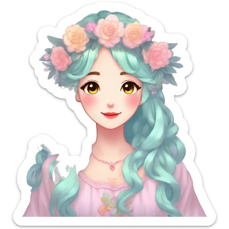 Gorgeous Shiny Colorful Pastel Anime Style Mature Lady with blushing face and pretty hair with a flower crown and antlers pastelcore kawaii cottagecore fairycore aesthetic trending style sticker