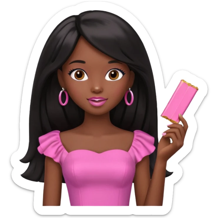 Black barbie, long black  hair, pink dress eating chocalate bar sticker