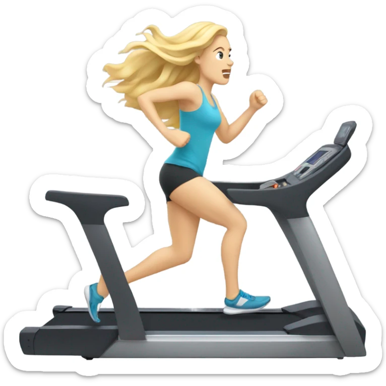 White woman, long hair, blonde hair, wavy hair, treadmill, sweating sticker