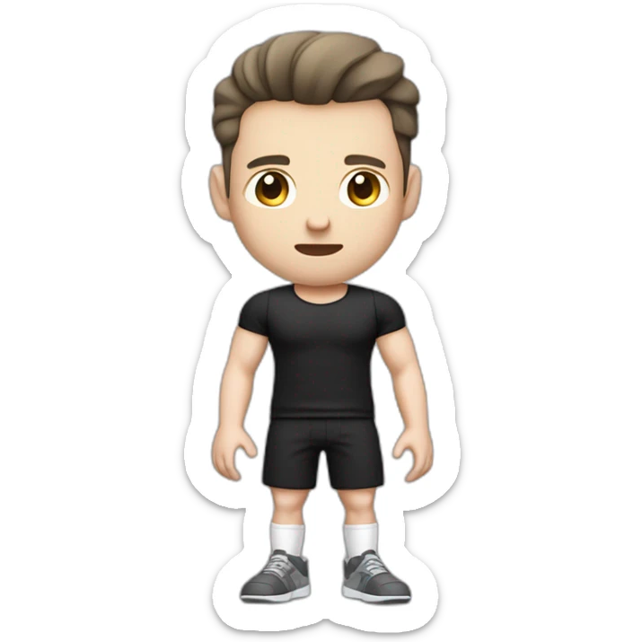 Confused Pale skinned Fit Man With the biceps and dark brown hair in black shirt, gray sports shorts and white Sneakers sticker
