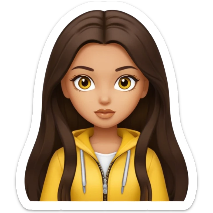 Bratz Sasha Dark brown long hair hazel eyes, yellow outfit sticker