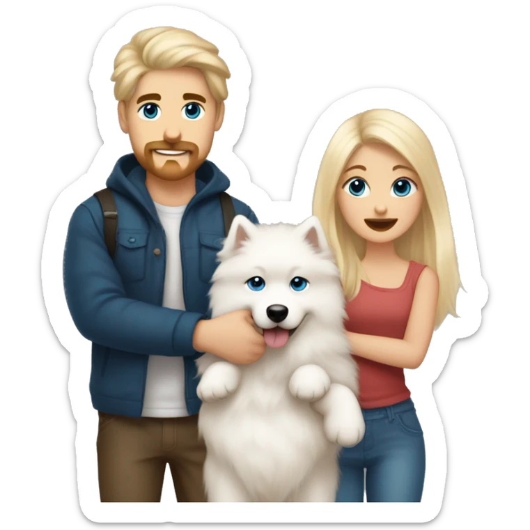 a blonde girl with long hair and blue eyes together with a blonde guy with dark eyes and a mustache are holding a Samoyed puppy in their arms sticker
