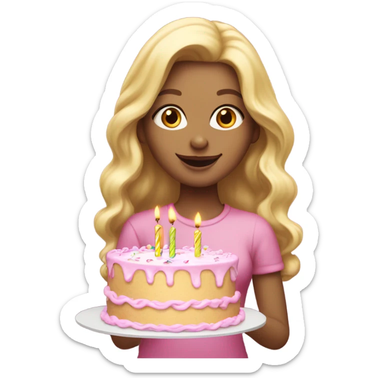 White woman, long hair, blonde hair, wavy hair, baby pink party hat, holding birthday cake sticker