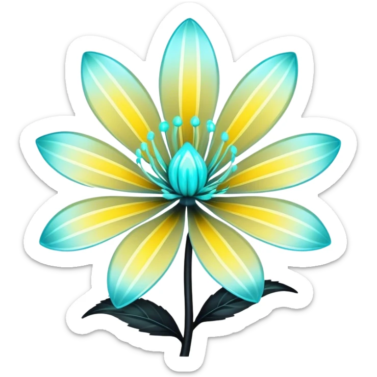 Pastel black and cyan iridescent transparent bio-luminescent flower with yellow stripes sticker