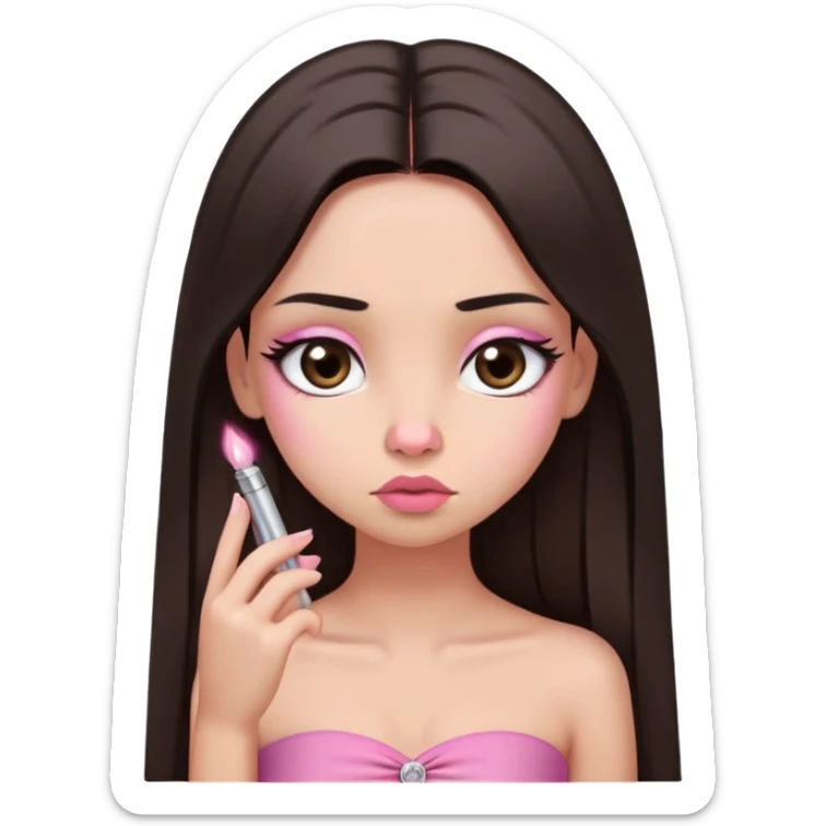 girl with lighter skin, dark brown long straight hair, pouty shiny lips without cupid's bow, large eyes, lighter button nose, long oval-shaped face, wearing a pink bandeau top with straight neckline, looking directly at camera with hands down at sides sticker