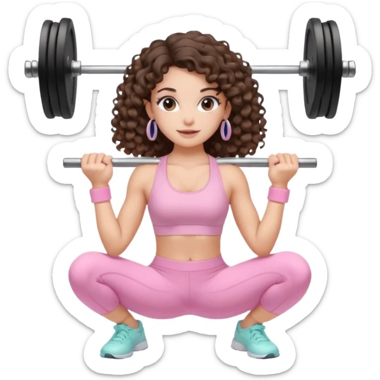 cute balayage brunette long hair curly/wavy haired girl, hoop earrings, clean girl makeup DOING EXERCISE with weights with a cute pastel pink set sticker
