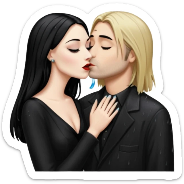Realistic morticia addams kissing sweetly Kurt Cobain in the rain. sticker