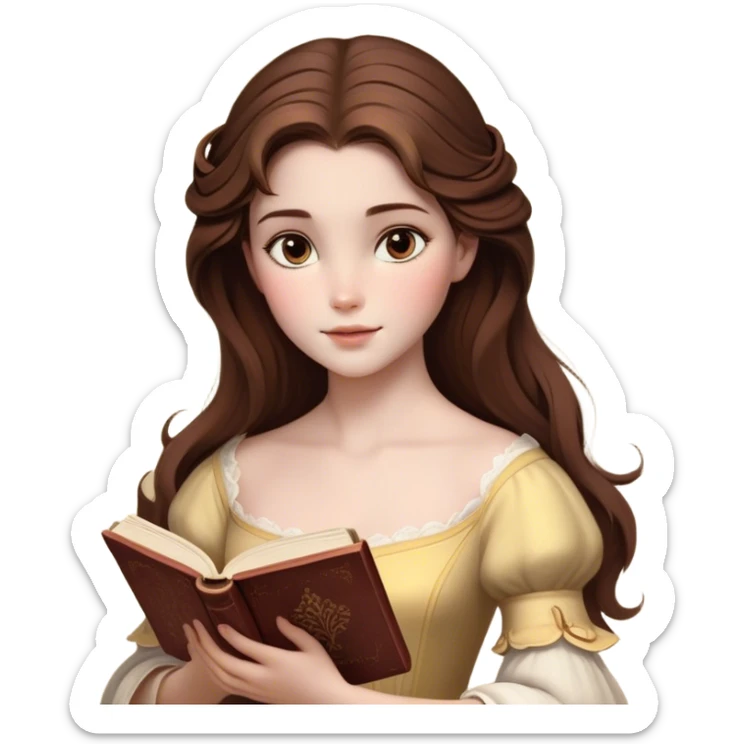 Cinematic Realistic Belle Portrait, depicted with lifelike skin texture, soft natural lighting, and intricately detailed brown hair styled elegantly. Her deep, expressive eyes exude warmth and intelligence, complemented by a serene and graceful expression. She gently holds a book in one hand, her other hand resting at her side, radiating an aura of beauty and intellect. She is dressed in her classic yellow ball gown, the fabric rich in texture with delicate folds that catch the light beautifully. The portrait features a soft, enchanting glow with a natural, radiant finish, capturing the essence of timeless beauty in a realistic and painterly style, evoking a sense of depth and authenticity. sticker