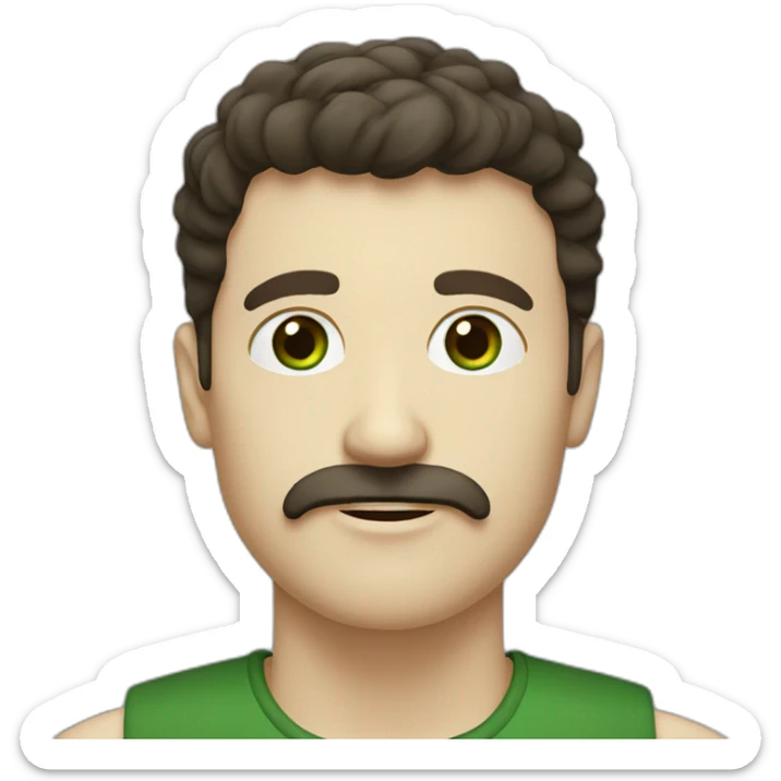 white man with moustache, dark brown hair fringe, forest green coloured eyes sticker