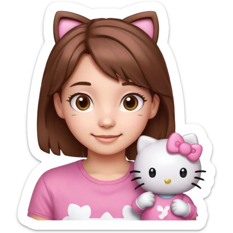 Happy Young gamer Girl with pink hello kitty shirt brown hair and brown eyes sticker