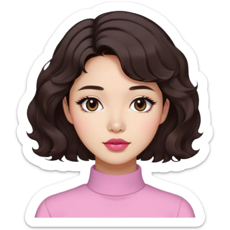 woman with dark brown wavy hair, short to mid-neck length, Korean-inspired cut, medium brown Latina skin, round nose, slightly dark pink lips, aesthetic Pinterest vibe sticker