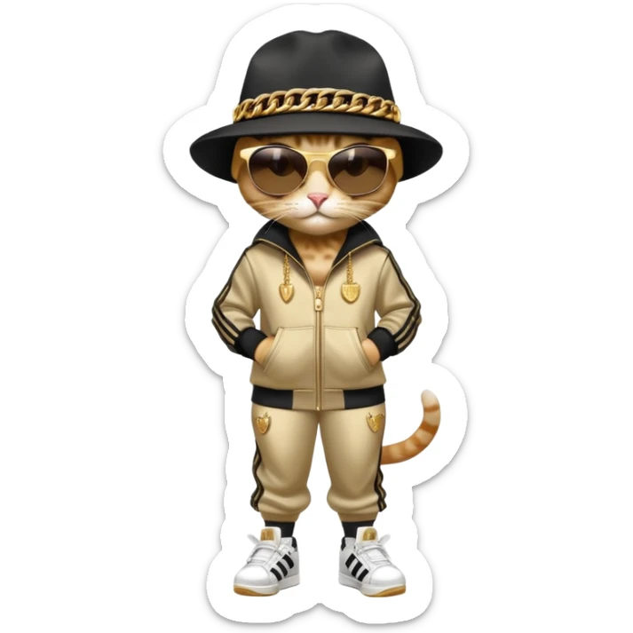female cat dressed like Run DMC with tracksuit, fedora, Adidas shoes, dark sunglasses, lots of gold chains, upright sticker