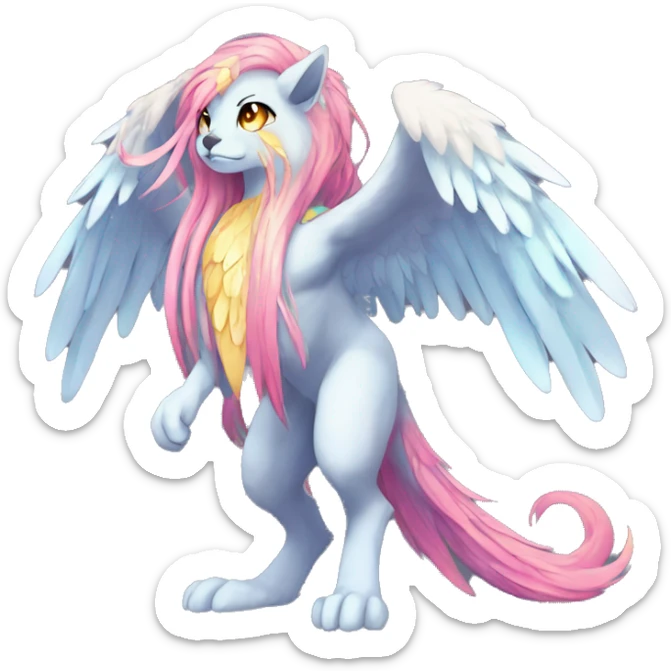 Anthro Sona Cool Edgy Cute Colorful Shy Winged Shiny Fakemon-Fantasy-Creature With Long Hair-Mane Full Body Detailed High Quality sticker
