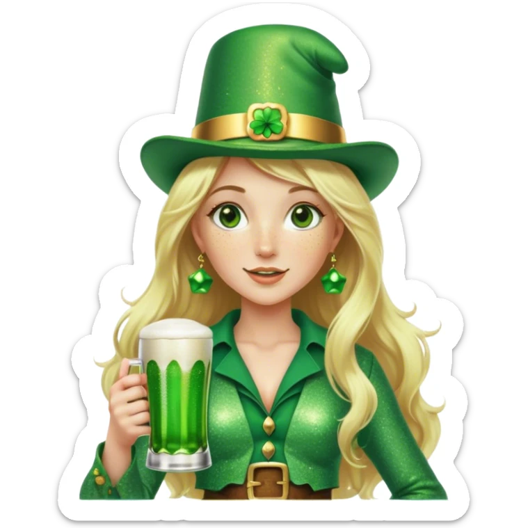 Blonde haired pretty woman with freckles glittery green bell bottoms and tall leprechaun hat holding a green beer sticker