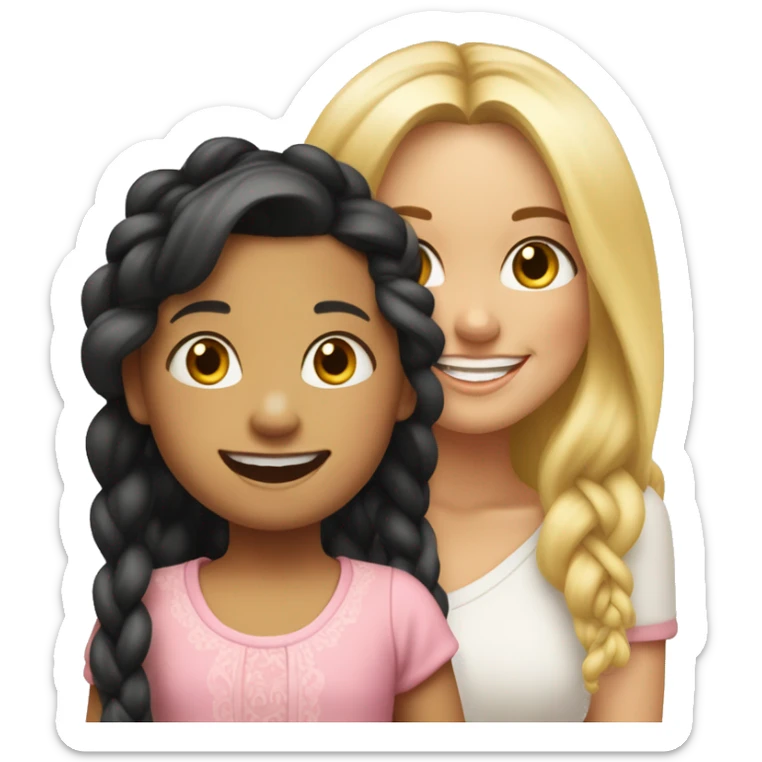 An emoji of a blonde mother with very long hair and a cheerful expression, standing next to her 3-year-old daughter, a small girl with black hair styled in two braids, both smiling happily together sticker