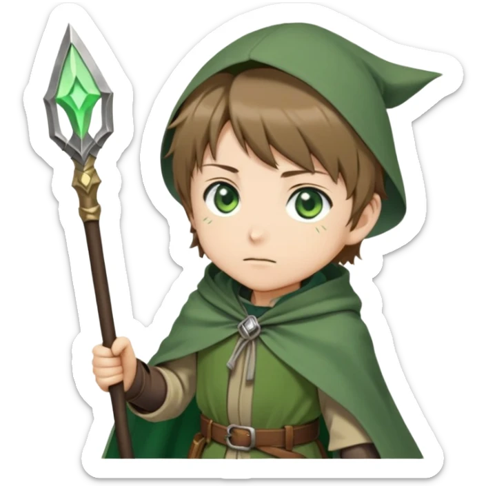 Rudeus Greyrat from Mushoku Tensei, green eyes, short light brown hair, wearing adventurer's outfit with a green cloak, holding a staff, confident and curious expression sticker