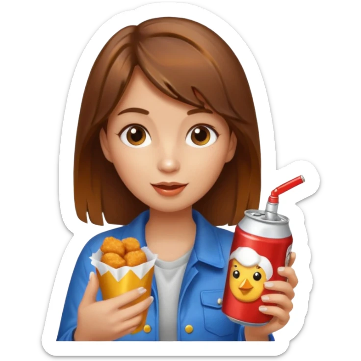 brown hair girl eating chicken nugget and holding a soda can sticker