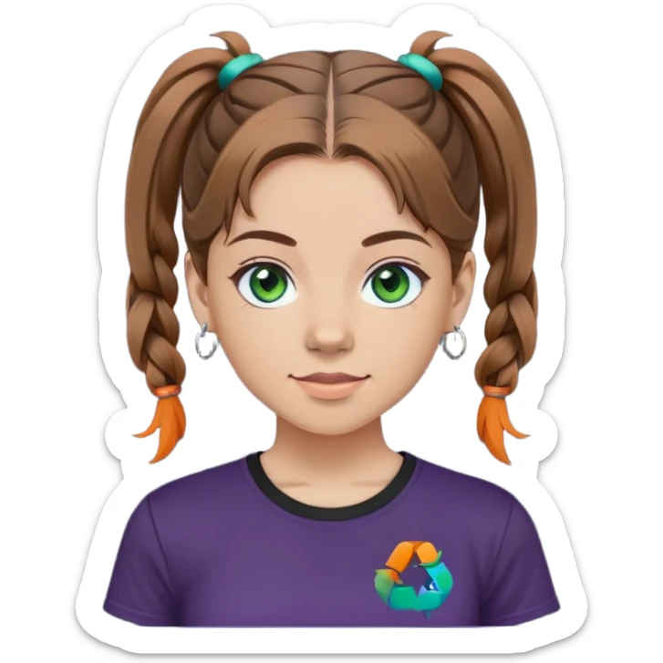 This is a 2D digital anime-style portrait of a young women skin tone light. The person has brown hair in a pigtail and green eyes. They wear a T-shirtin [colour: dark grey or black], with the BST logo in vibrant colours (orange, teal, purple, blue) placed on the left chest area. The background is solid black for consistency and emphasis. The person is facing forward with a neutral or slight smile (without showing teeth). Lighting is soft and flat, clean anime lines with smooth shading. Consistent with a professional, cohesive team style. sticker