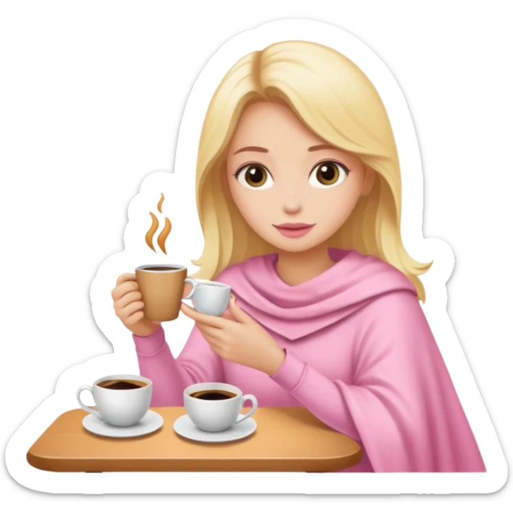 Una chica rubia envuelta en una manta con un café de color rosa pastel  sticker