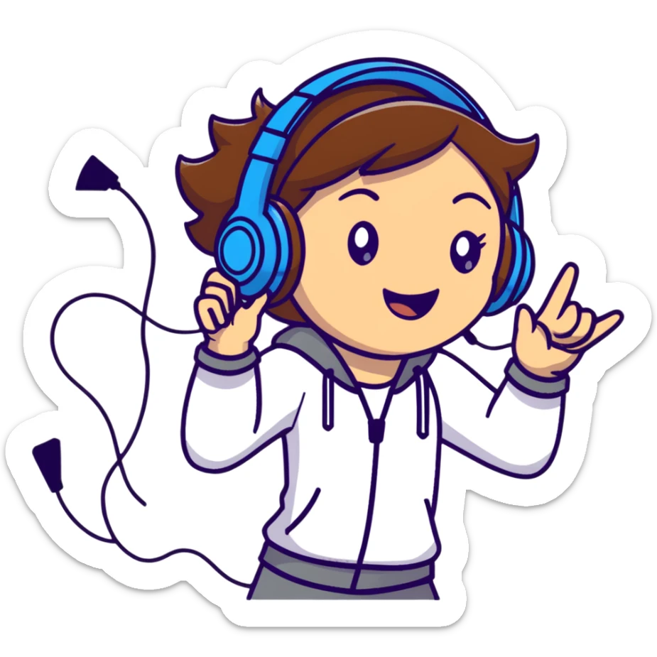 brown-haired gamer girl, excited expression, headphones, head only, emote sticker