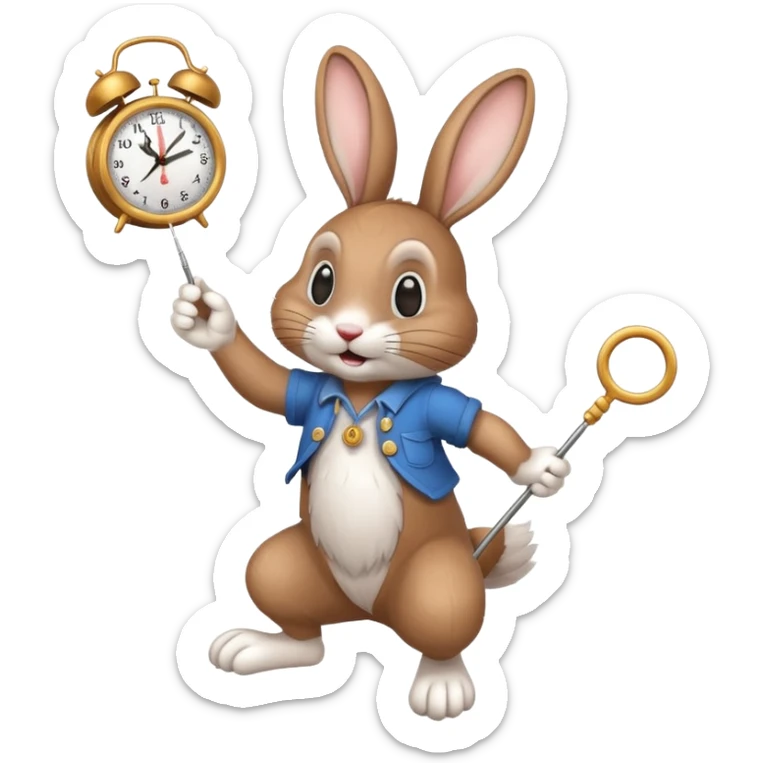 Un lapin qui a une horloge dans la main droite qui monte une aiguille  sticker