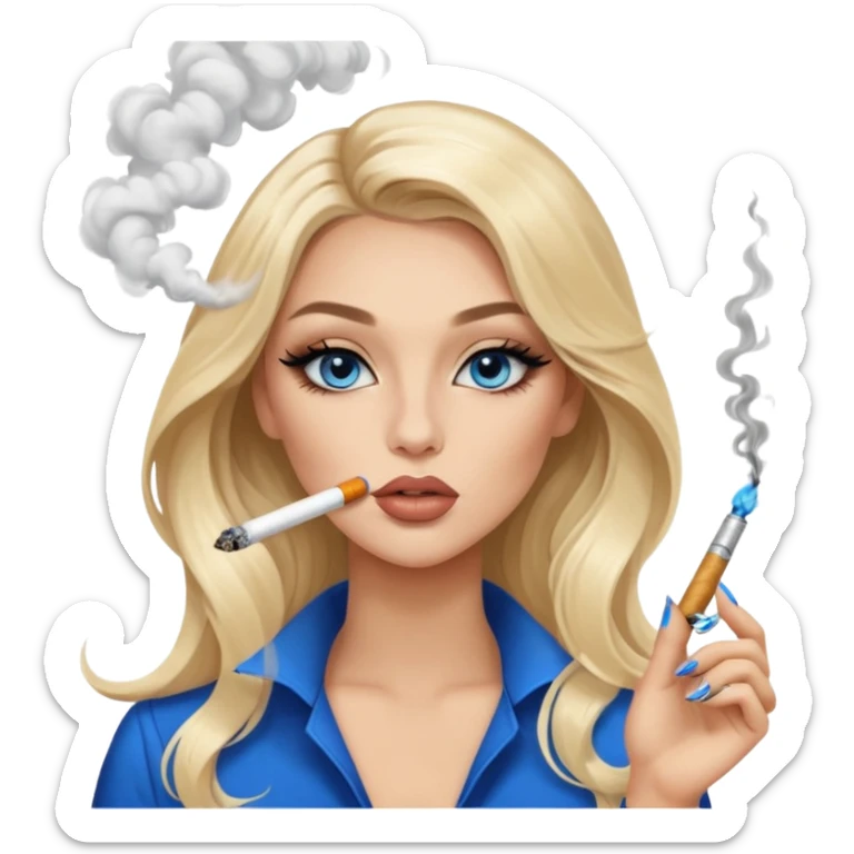 blonde light blonde balayage gorgeous girl blue eyes long hair with latina makeup smoking a cigarette and blowing smoke baddie winged eyeliner Long nails sticker