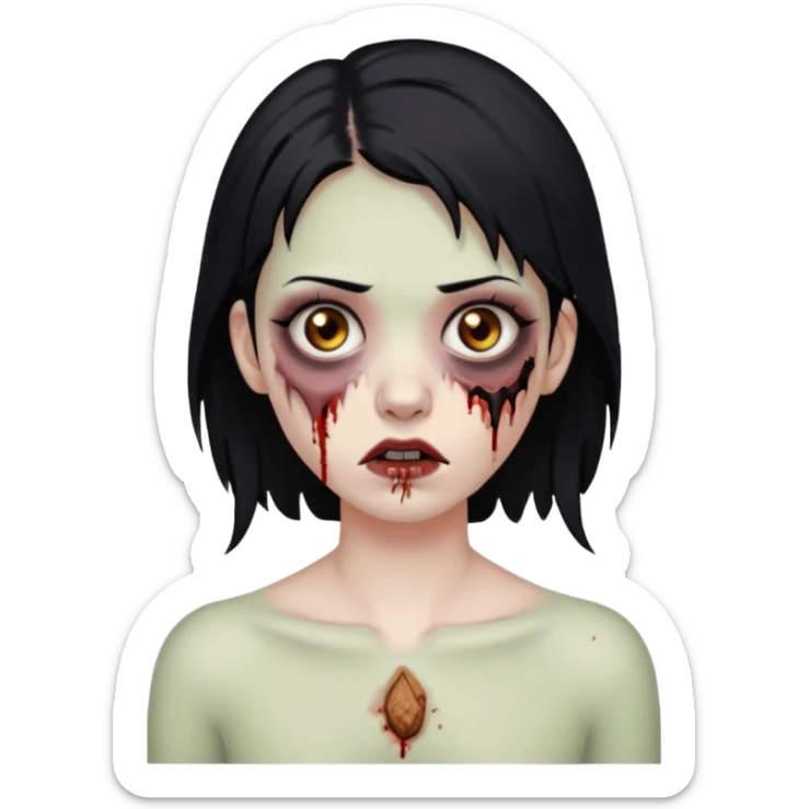 Make an emoji of a zombie woman with black hair, almond-shaped brown eyes and a labret piercing on her left lip. sticker