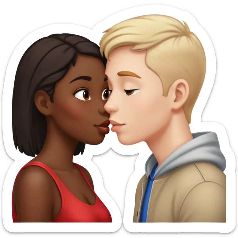 black girl and white boy sharing a friendly kiss on the cheek sticker